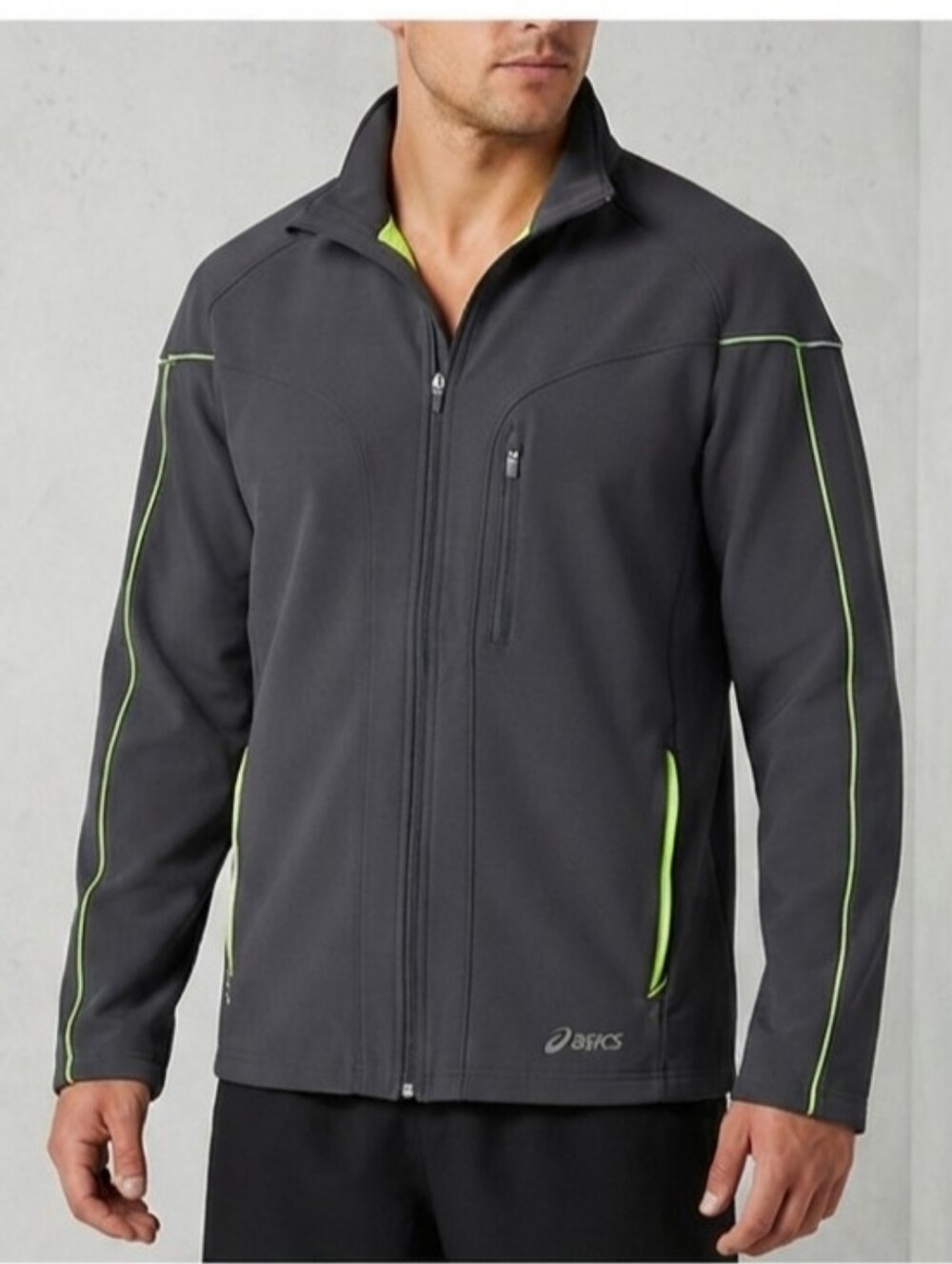 Asics Men's Jacket L Gray Zippered Chest Pocket Running Neon